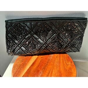 Vintage Hand-Beaded Black Satin Clutch Purse – Elegant Evening Bag